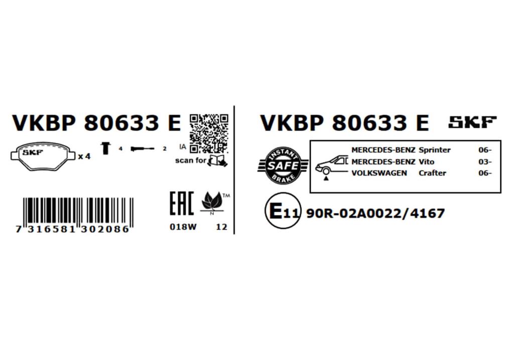 Jeu de 4 plaquettes de frein SKF ref. VKBP 80633 E
